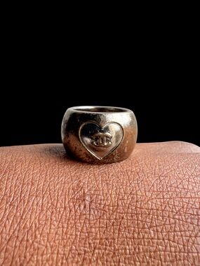 CHANEL Vintage 08 Collection Silver-Tone CC Heart Logo Dome Ring Women’s Jewelry